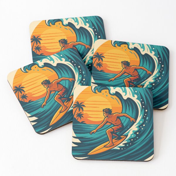 Item preview, Surfer riding a giant wave with the sun setting behind, bold vector lines, tropical color palette, dynamic pose designed and sold by Retram.