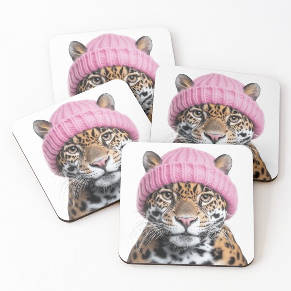 Item preview, Cozy Jaguar Wearing Pink Winter Hat Trendy Animal Fashion Artwork designed and sold by LazyOwlStore.