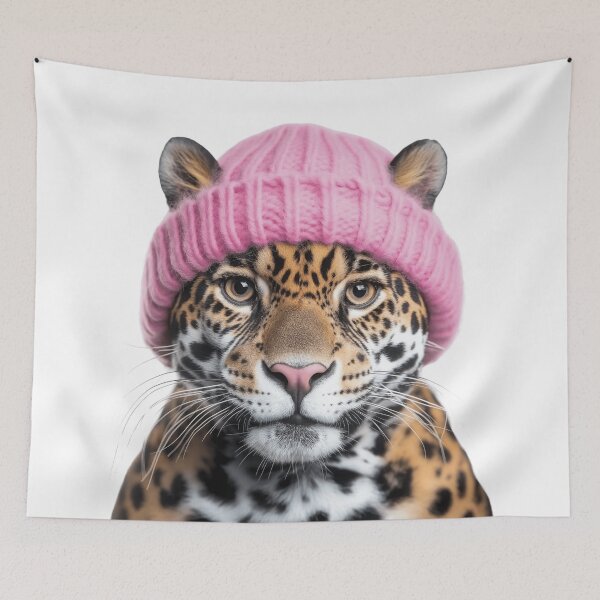 Item preview, Cozy Jaguar Wearing Pink Winter Hat Trendy Animal Fashion Artwork designed and sold by LazyOwlStore.