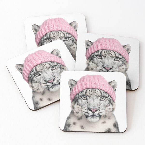 Item preview, Cozy Snow Leopard Wearing Pink Winter Hat Trendy Animal Fashion Artwork designed and sold by LazyOwlStore.