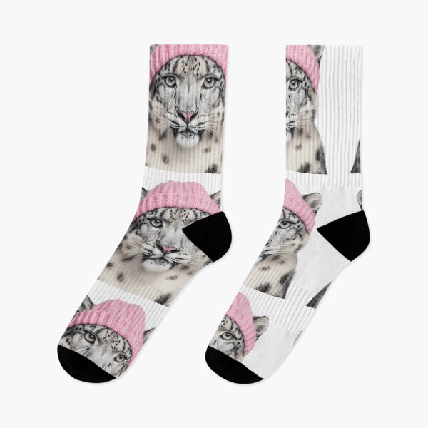 Item preview, Cozy Snow Leopard Wearing Pink Winter Hat Trendy Animal Fashion Artwork designed and sold by LazyOwlStore.