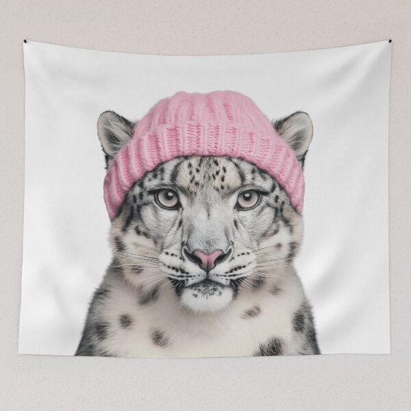 Item preview, Cozy Snow Leopard Wearing Pink Winter Hat Trendy Animal Fashion Artwork designed and sold by LazyOwlStore.