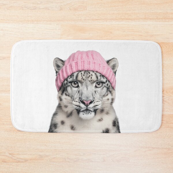 Item preview, Cozy Snow Leopard Wearing Pink Winter Hat Trendy Animal Fashion Artwork designed and sold by LazyOwlStore.