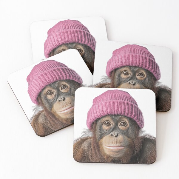 Item preview, Cozy Orangutan Wearing Pink Winter Hat Trendy Animal Fashion Artwork designed and sold by LazyOwlStore.