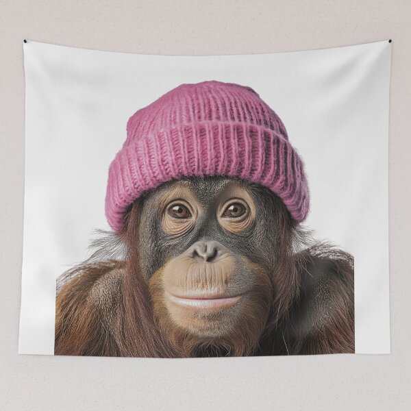 Item preview, Cozy Orangutan Wearing Pink Winter Hat Trendy Animal Fashion Artwork designed and sold by LazyOwlStore.