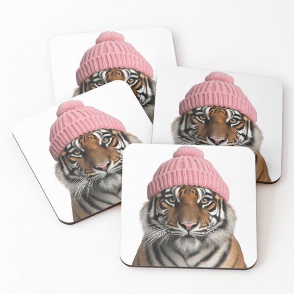 Item preview, Cozy Tiger Wearing Pink Winter Hat Trendy Animal Fashion Artwork designed and sold by LazyOwlStore.