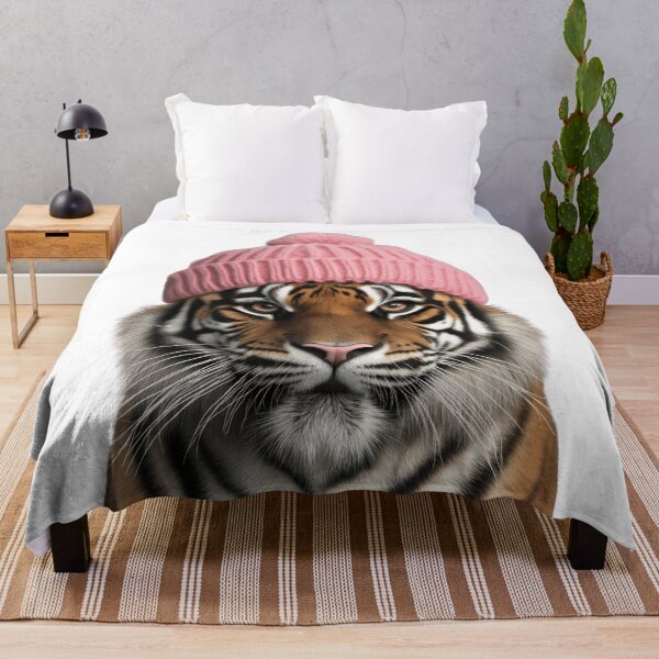 Item preview, Cozy Tiger Wearing Pink Winter Hat Trendy Animal Fashion Artwork designed and sold by LazyOwlStore.