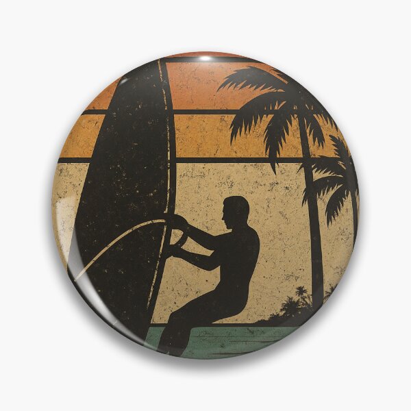 Item preview, Vintage windsurfer silhouette with retro sunset and palm trees in the background, distressed texture designed and sold by Retram.