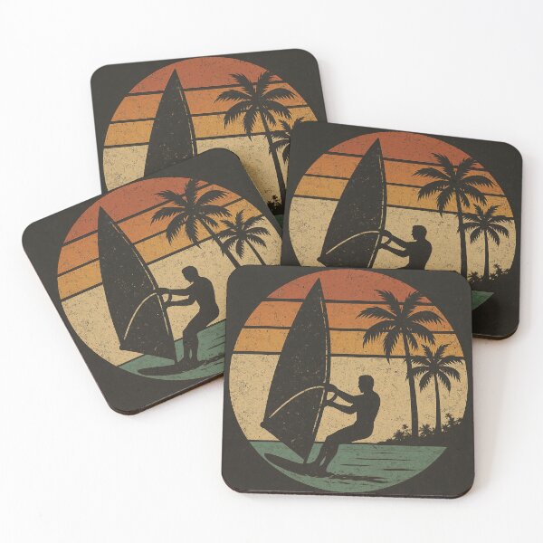 Item preview, Vintage windsurfer silhouette with retro sunset and palm trees in the background, distressed texture designed and sold by Retram.