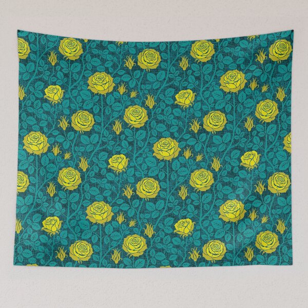 Item preview, Vintage roses in citrus yellow on dark green designed and sold by colorofmagic.