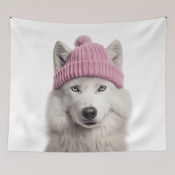 Item preview, Cozy Arctic Wolf Wearing Pink Winter Hat Trendy Animal Fashion Artwork designed and sold by LazyOwlStore.