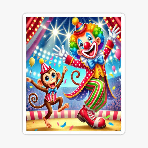 Item preview, Circus Clown and Monkey – Colourful Cartoon Carnival Art Print designed and sold by Artfulreverber.