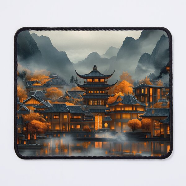 Item preview, Serene Mountain Village with Autumn Colors at Twilight designed and sold by Artessie.