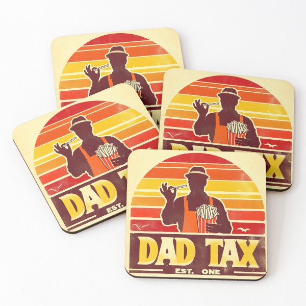 Item preview, Vintage retro-style sunset graphic with dad silhouette stealing a fry and funny "Dad Tax Est. Day One" text for Father's Day gift designed and sold by All-Of-Art.