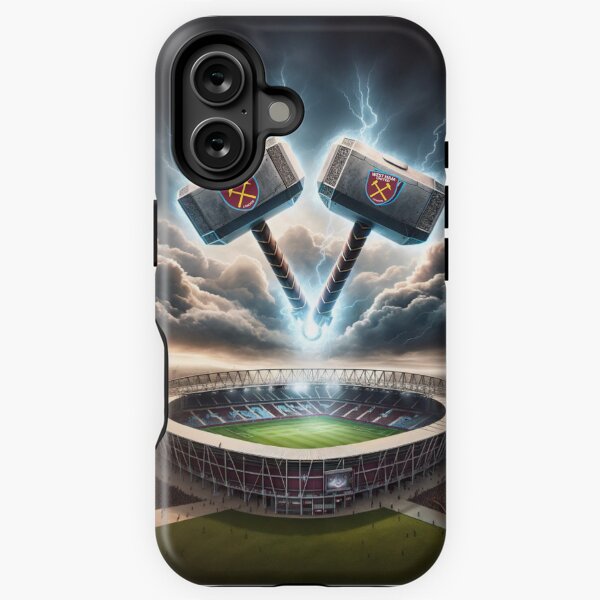 Artikel-Vorschau von West Ham Hammers Fan-Art-Handyhülle | Stadion- und Thunder-Design, designt und verkauft von Final Whistle Art.