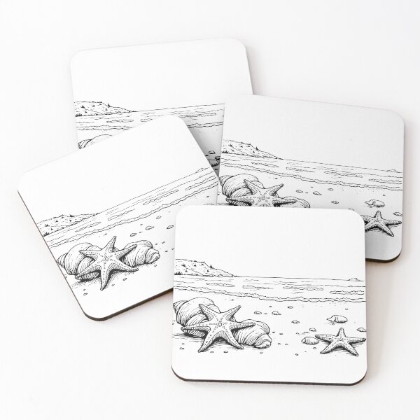 Item preview, Maritime beach landscape sketch - shells starfish sea coast black and white, ocean drawing with starfish and shells - coastal landscape monochrome designed and sold by Connys Colorful World.