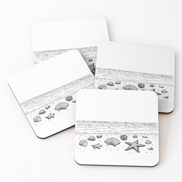 Item preview, Paisaje costero monocromo - Boceto de paisaje de playa marítima - conchas, estrellas de mar, costa del mar en blanco y negro, dibujo del océano con estrellas de mar y conchas designed and sold by Connys Colorful World.