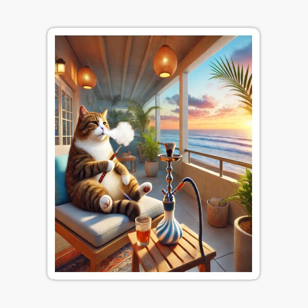 Artikel-Vorschau von Entspannte Katze raucht Wasserpfeife bei Sonnenuntergang am Strand – Wunderliche Urlaubskunst, designt und verkauft von Artfulreverber.