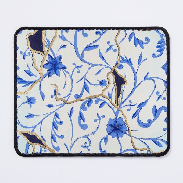 Item preview, “Kintsugi”, blue abstract floral pattern with gold designed and sold by emmalyonsart.