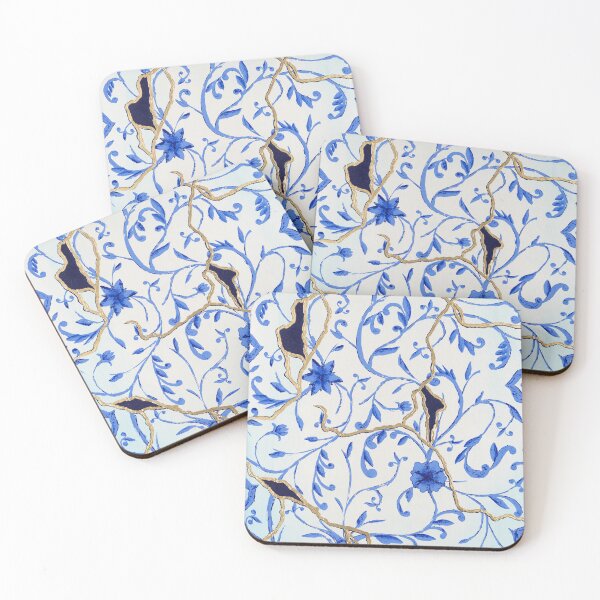 Item preview, “Kintsugi”, blue abstract floral pattern with gold designed and sold by emmalyonsart.