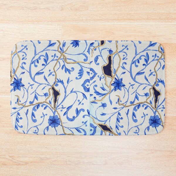 Item preview, “Kintsugi”, blue abstract floral pattern with gold designed and sold by emmalyonsart.