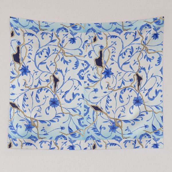 Item preview, “Kintsugi”, blue abstract floral pattern with gold designed and sold by emmalyonsart.
