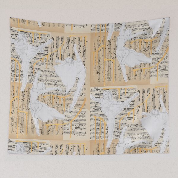 Item preview, “Song and Dance”, sheet music and figure sketches collage designed and sold by emmalyonsart.