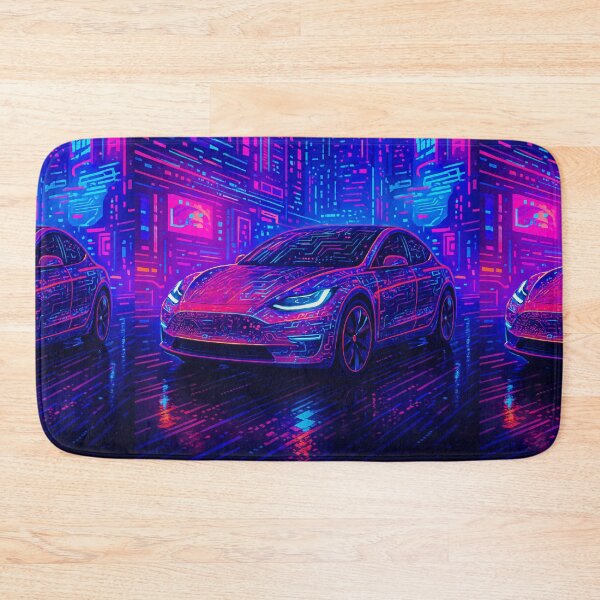 Item preview, Futuristic Electric Car Glowing In Vibrant Cyberpunk Neon City Scene designed and sold by RevUpDesign.