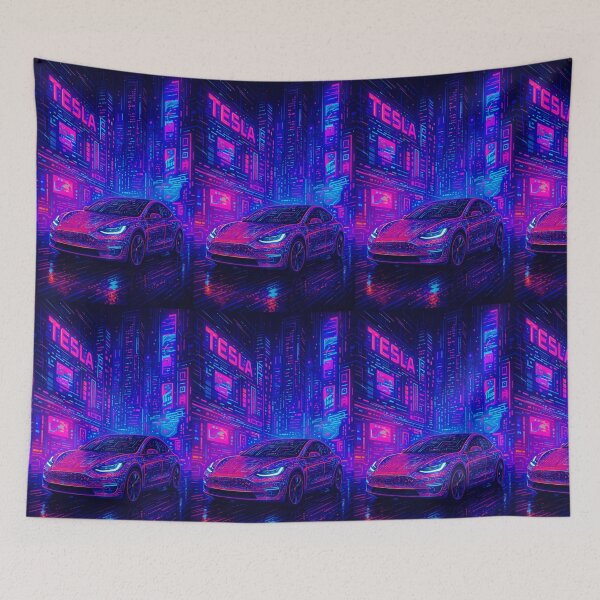 Item preview, Futuristic Electric Car Glowing In Vibrant Cyberpunk Neon City Scene designed and sold by RevUpDesign.