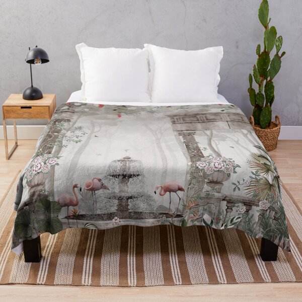 Item preview, Patrón de jardín con ruinas de templos romanos en un bosque, papel tapiz con flores, árboles, plantas, pájaros y mariposas, fondo beige. designed and sold by hAITHAM1985.