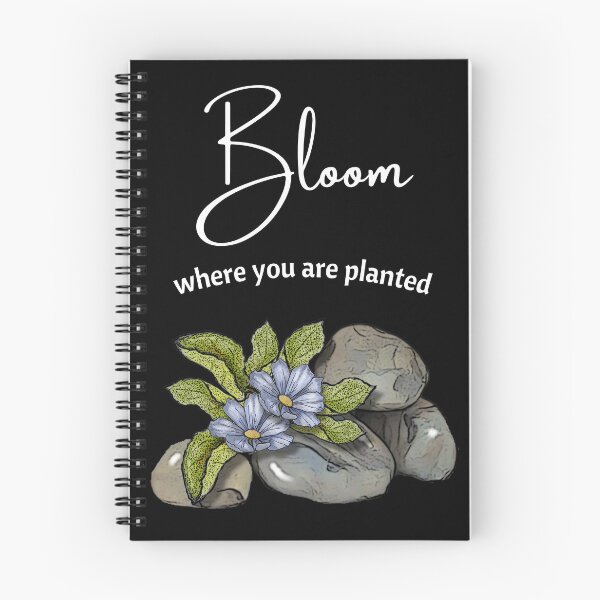 Item preview, Bloom Where You Are Planted with Rocks and Blue Flowers on Black designed and sold by JoyfulWhimsy.