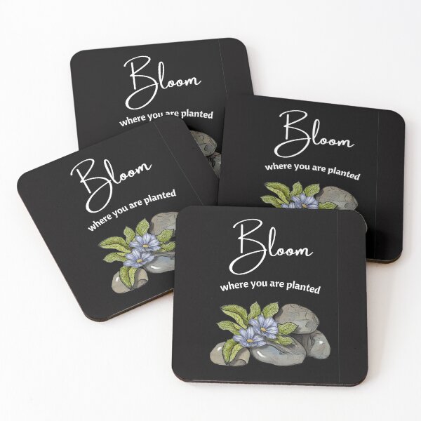 Item preview, Bloom Where You Are Planted with Rocks and Blue Flowers on Black designed and sold by JoyfulWhimsy.