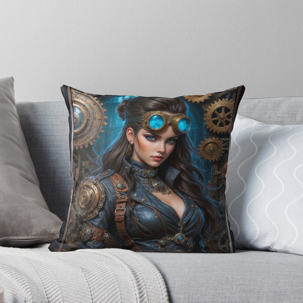 Clockwork Portrait Of Victorian Beauty Lyrianne Grayson Mesmerizing AI Concept Art by Xzendor7 Decorative Art Print Throw Pillow