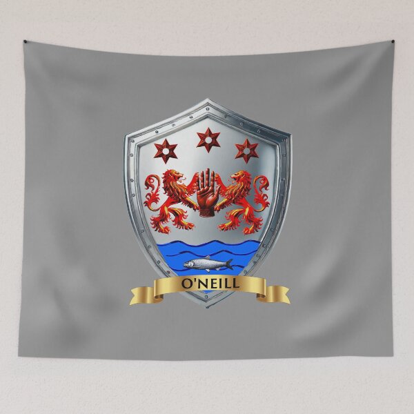 Item preview, O'Neill Coat of Arms – Red Hand with Lions, Stars & Salmon with Name Banner designed and sold by Highlandkings.