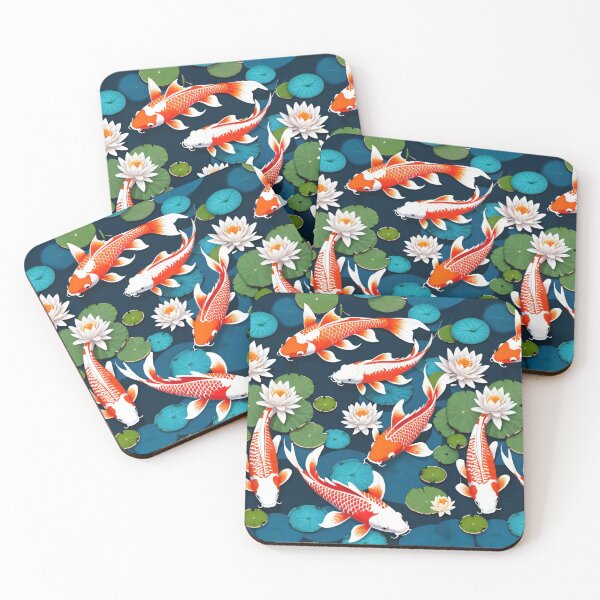 Item preview, Vibrant Orange Koi Fish Swimming Among Lilies In A Serene Teal Pond designed and sold by CarrollGene.