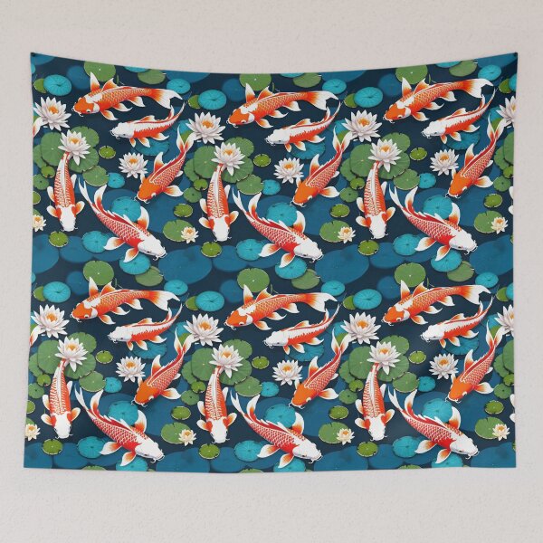 Item preview, Vibrant Orange Koi Fish Swimming Among Lilies In A Serene Teal Pond designed and sold by CarrollGene.