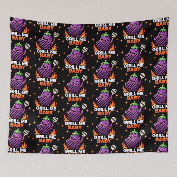 Item preview, Kawaii Chibi Cute Eggplant – Grill Me Baby BBQ Pun designed and sold by Karma Design.
