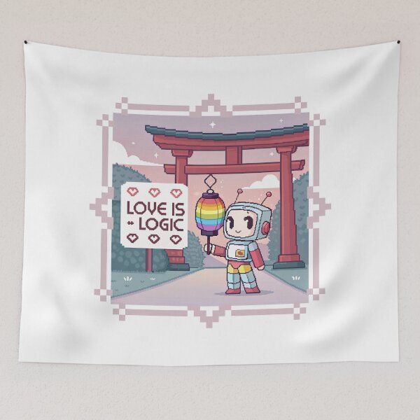 Item preview, Love is Logic - Cute Robot with Rainbow Lantern & Torii Gate designed and sold by asliberry.