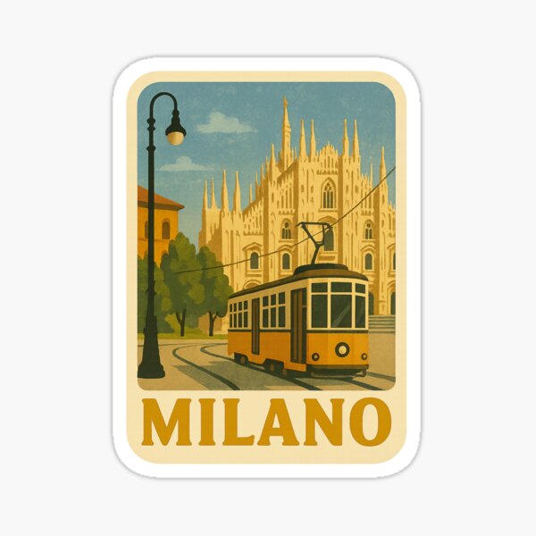 Item preview, Milano Italy Vintage Travel Sticker – Duomo & Tram Illustration designed and sold by Passegiata Prints.