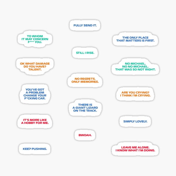 Aperçu de l'œuvre Feuille d'autocollants de mèmes et citations de Formule 1 créée et vendue par VoVDesignStudio.