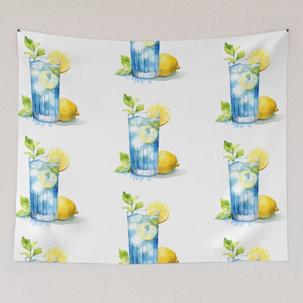 Item preview, Watercolor Lemonade in Glass with Mint Leaves Blue and Yellow hues designed and sold by EmeraldeaArt.