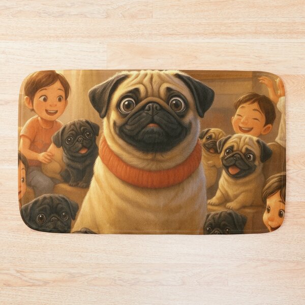 Item preview, Cute Cartoon Pugs With Kids In Cozy Home  designed and sold by THISPUGVIBE.