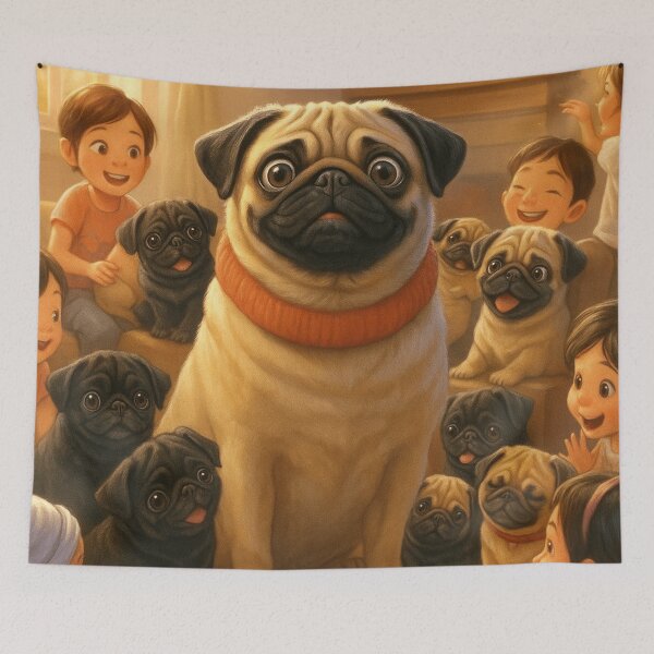 Item preview, Cute Cartoon Pugs With Kids In Cozy Home  designed and sold by THISPUGVIBE.