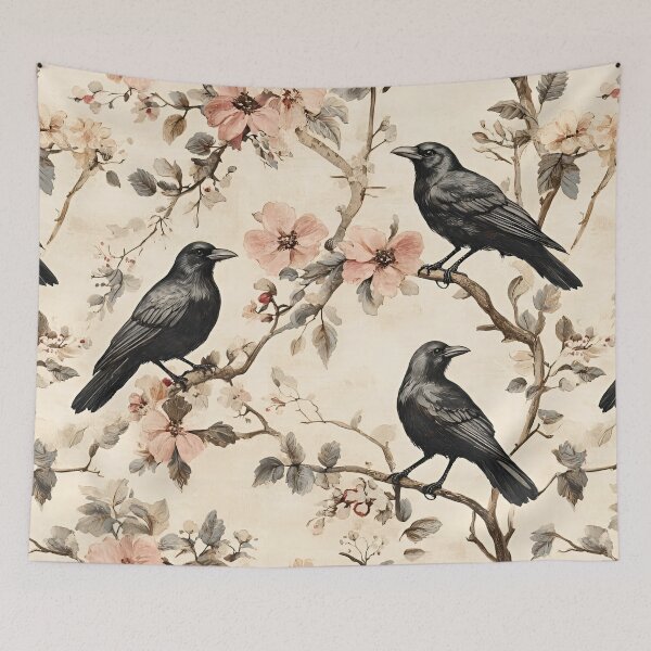 Aperçu de l'œuvre Motif de corbeau, organe floral, feuilles vertes, arbre créée et vendue par Art-Crafter.