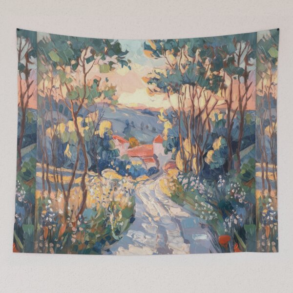 Item preview, Pathway to Provence | Flower-Lined Country Road with Red Roofs – Impressionist French Landscape designed and sold by CARRAANN.