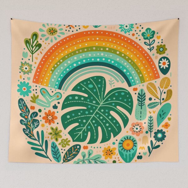 Item preview, Monstera Leaf Rainbow Intricate Tropical Bloom - Scandinavian Folk Art by heidiannemorris © designed and sold by FOLK ART FUSION by heidiannemorris.