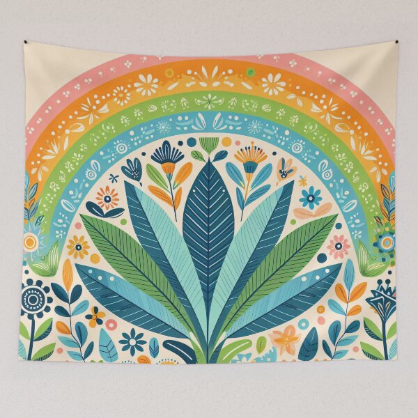 Aperçu de l'œuvre Oiseau de paradis aux feuilles arc-en-ciel, composition tropicale vibrante - Art populaire scandinave par heidiannemorris © créée et vendue par FOLK ART FUSION.