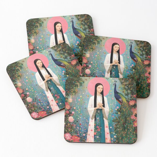 Item preview, An ethereal, avant-garde portrait of Quan Yin standing gracefully beside a radiant peacock, flowing robes in soft ivory designed and sold by wonderisland.