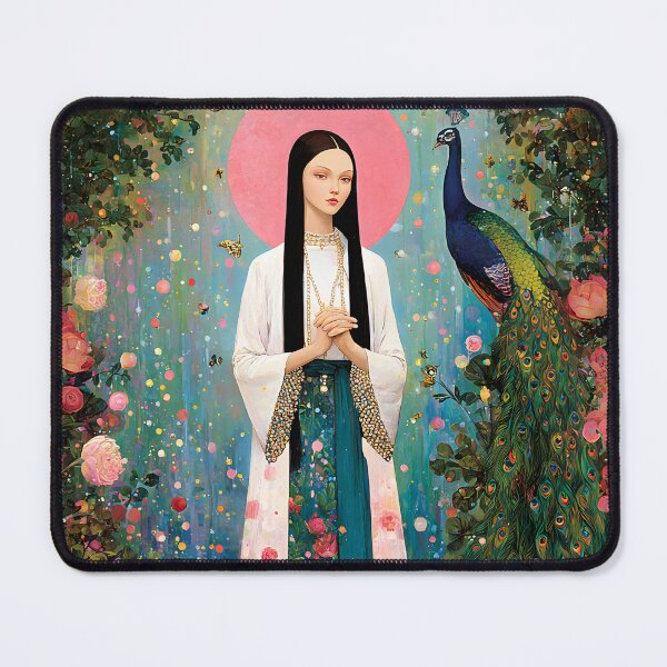 Item preview, An ethereal, avant-garde portrait of Quan Yin standing gracefully beside a radiant peacock, flowing robes in soft ivory designed and sold by wonderisland.