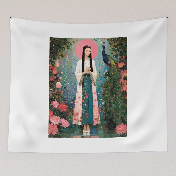 Item preview, An ethereal, avant-garde portrait of Quan Yin standing gracefully beside a radiant peacock, flowing robes in soft ivory designed and sold by wonderisland.